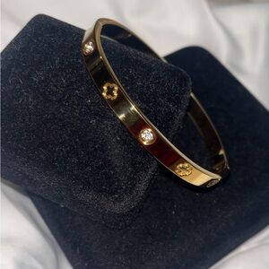 Titanium Steel Bangle, Mirror Polished, Lucky Four Leaf Clover With Rhinestone